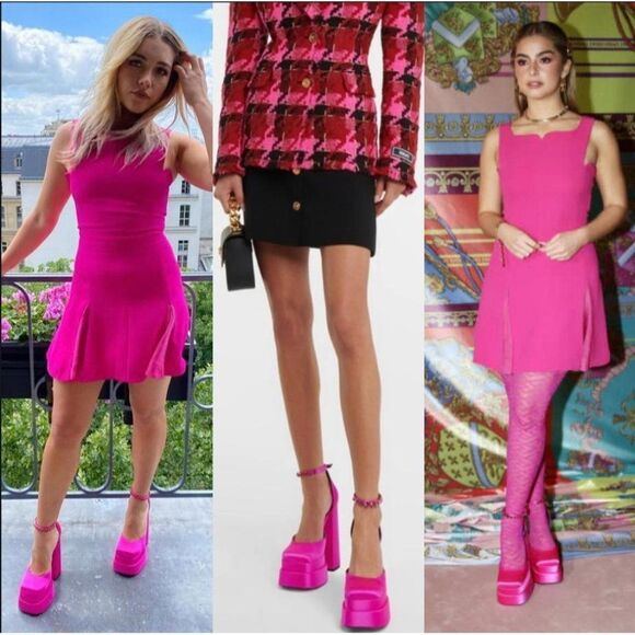 VERSACE Aevitas Fuchsia Crystal-Embellished Platform Block Heel Pumps Si… - Picture 5 of 17